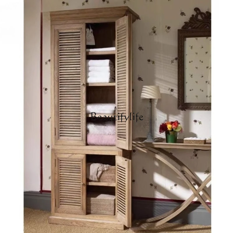 *American country retro old solid wood wardrobe French louver door oak locker