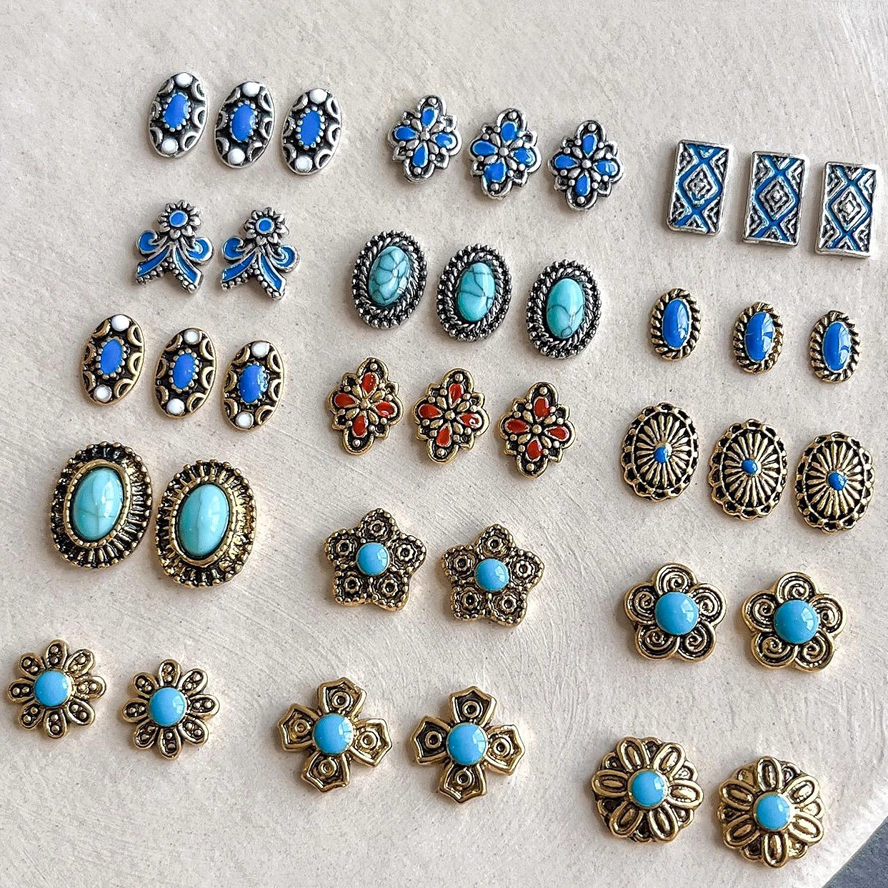 Retro corte chino Noble turquesa aleación Metal flor joyería antigua bohemia étnica accesorios de decoración de uñas decoraciones manicura