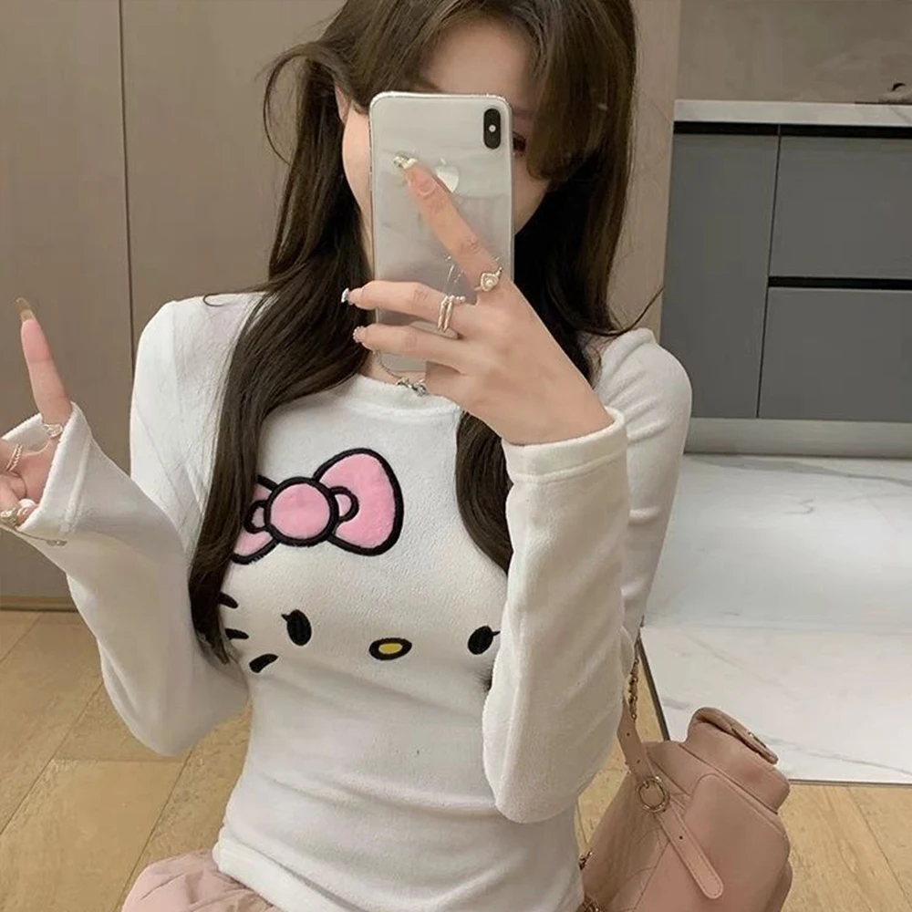 

Детская бархатная базовая рубашка Hello Kitty, белая футболка Sanrio Girl Kawaii в корейском стиле с героями мультфильмов, модная короткая стильная футболка с длинными рукавами