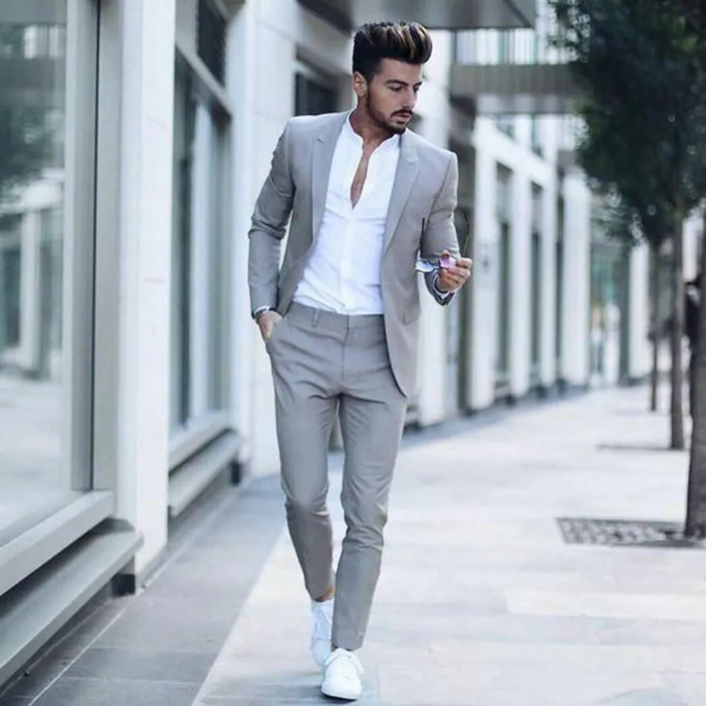 Light Grey Men\'s Slim Fit 2-Piece Suits for Wedding Business Notch Lapel One Button Jacket & Trousers Smart Casual Men Suits