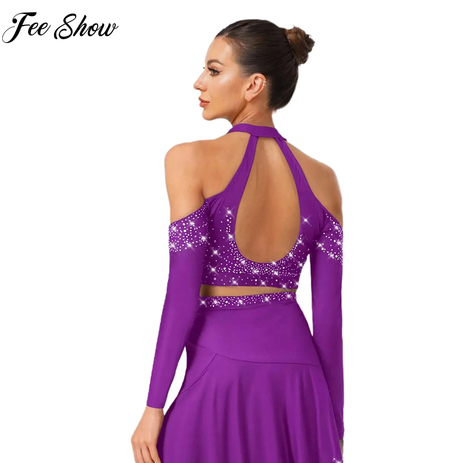 

Womens Sexy Style Backless Latin Outfit Jazz Samba Cha-cha Tango Dance Performance Costume Halter Long Sleeve Crop Top+Skirt Set