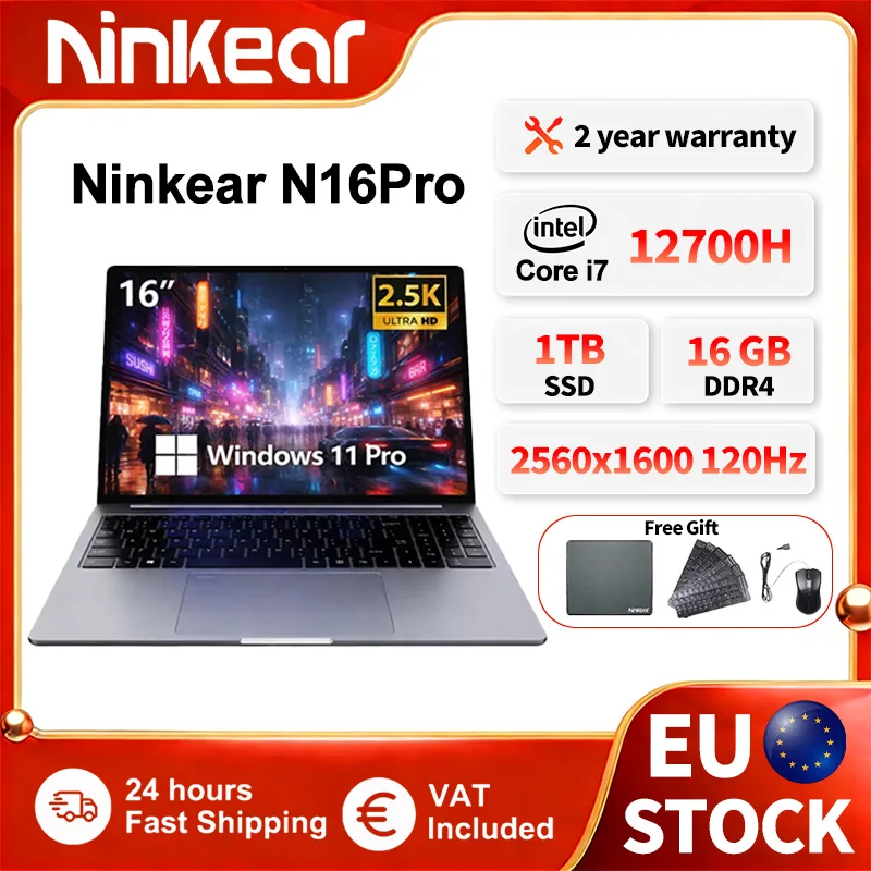 Laptop Ninkear N16Pro 16 cali 2.5K 120Hz Intel Core i7-12700H WiFi 6 16GB RAM 1TB SSD Komputer Przenośny do Biura Windows 11 Notebook