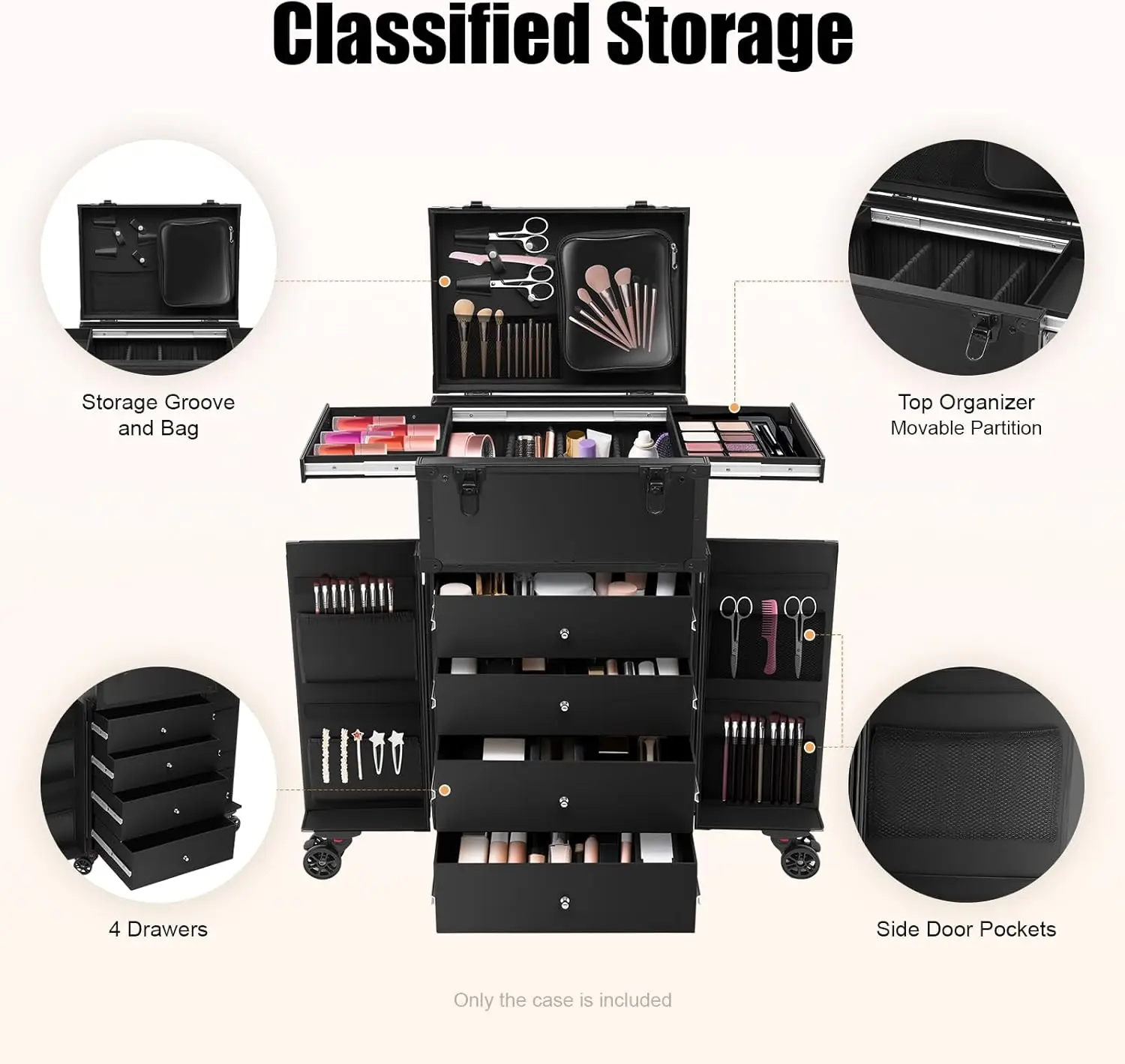 

Professional Makeup Artist Travel Case, Cosmetology Case on Wheels 4 Drawers Adjustable Pole Opening Rolling Makeup Train Case