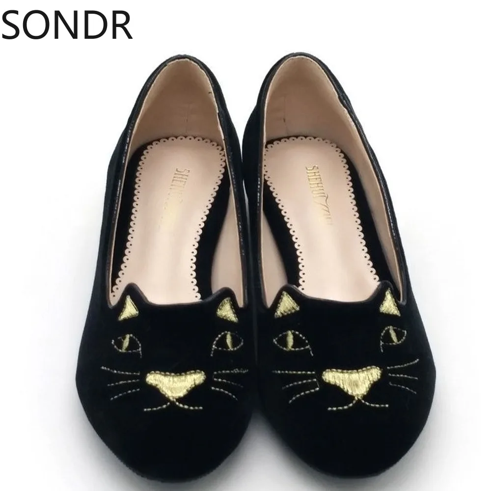 Womens Round Toe Velvet Leather Embroidery Cat Loafer Espadrille Slip On Low Heel Shoes Casual Plus Size 2Colors