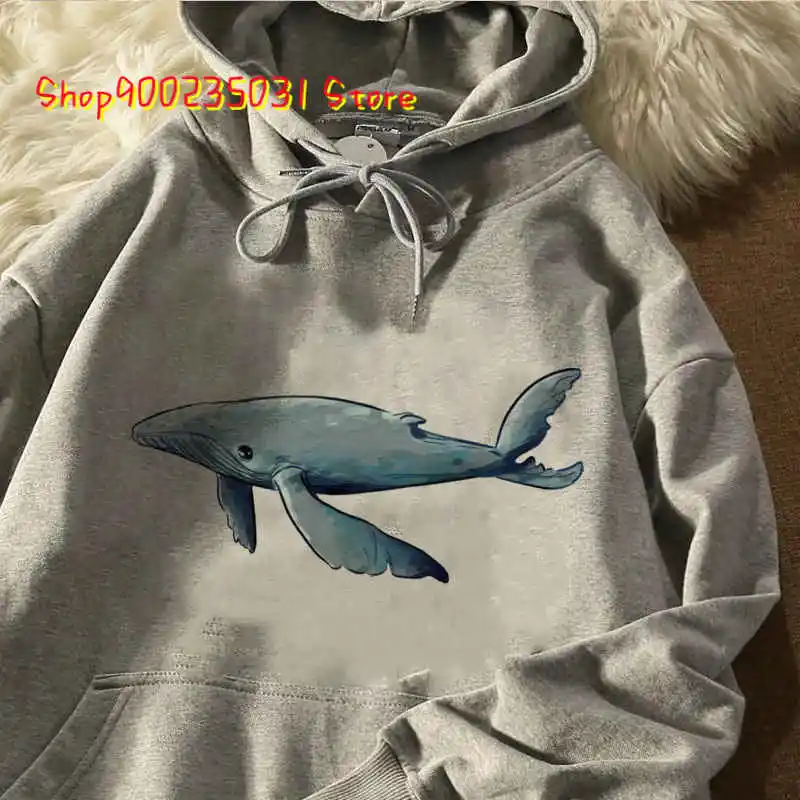 Hoodies Women Whale Prined Hoodie For Woman Sweatshirt Reto Style Casual Sweatshirt Female Oversize Round Collar Pullovers