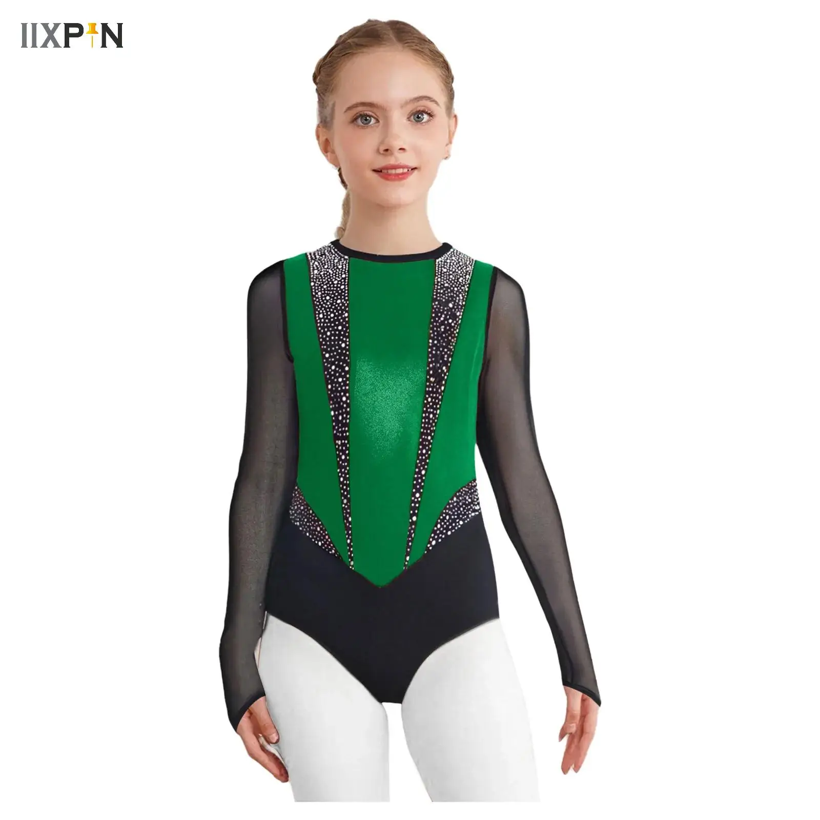 

Girls Rhinestone Sheer Mesh Long Sleeve Ballet Dance Bodysuit Color Block Gymnastics Leotard Acrobatics Figure Skating Jumpsuit