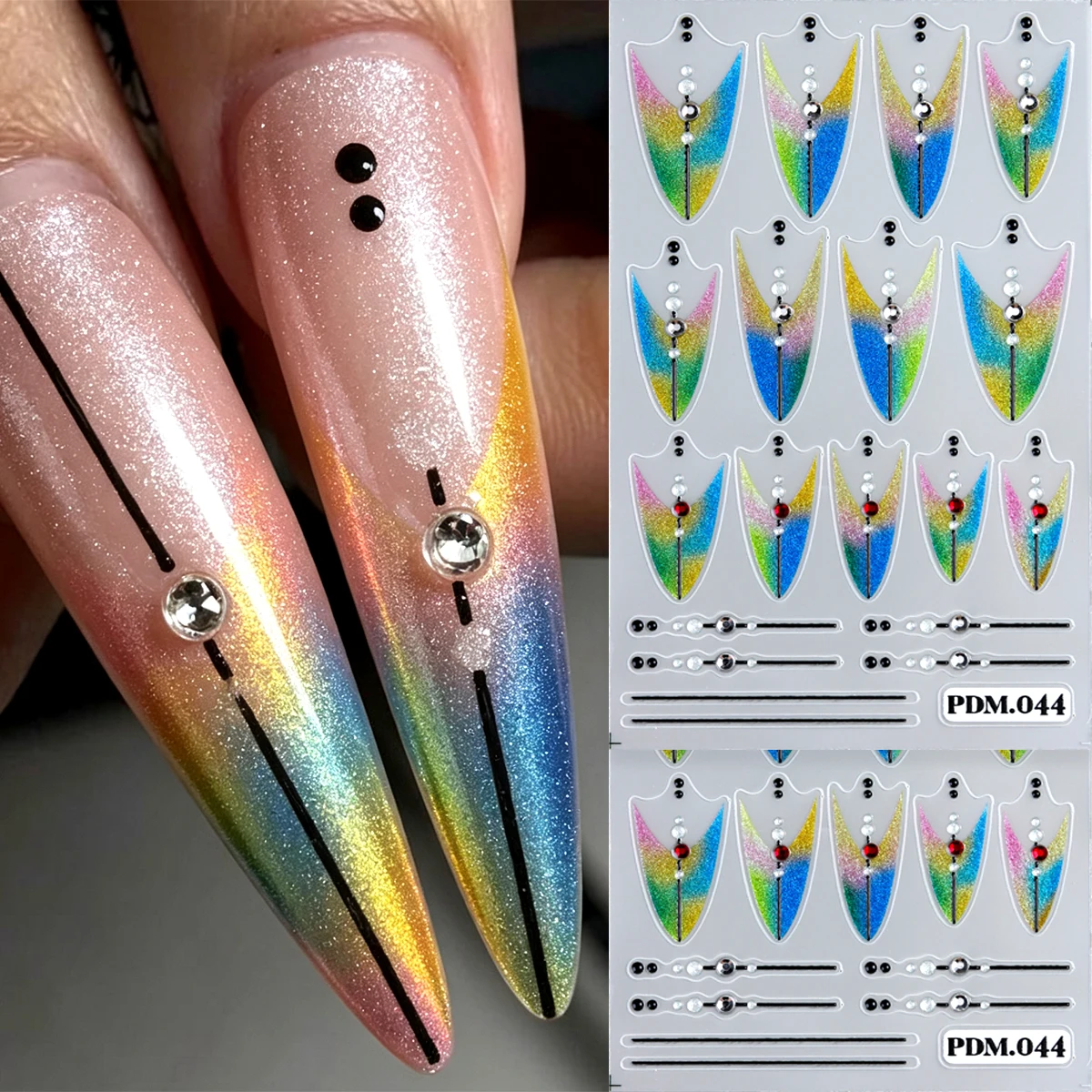 Rainbow Glitter V Shape Shield Nail Stickers, Pearl Metal Rhinestone Inlay Design Self Adhesive Nail Art Decoration