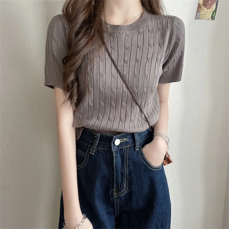 Damen Sommer Vintage Rundhals Kurzarm Strick-T-Shirt Mädchen Damen Slim Fit Top Damen Casual Sport Layering Basic-Shirt – Detail 15