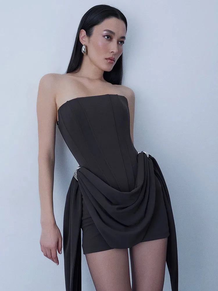 Chaxiaoa Sexy Strapless Tight Backless Fishbone Dress Women Elegant Belt Ribbon Party Evening Dress Christmas Wedding Outfit