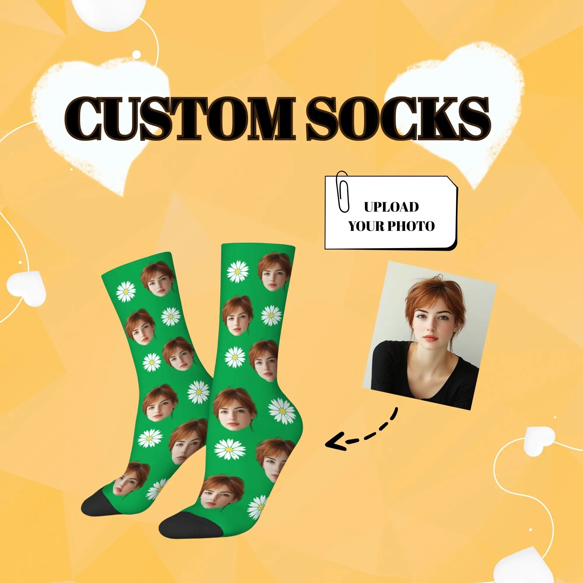 Beautiful Fresh Personalized Custom Daisy Print Face Mid-calf Socks Various Color with Daisy &  Photo Print Warm Comfotable