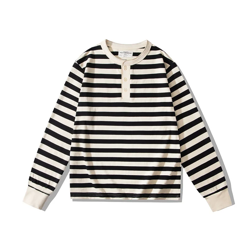 

Simple Striped Print Henry T shirt Fashion Long Sleeve Button Top Spring and Autumn Casual Men's Tee Street Hip Hop Men Clothing
