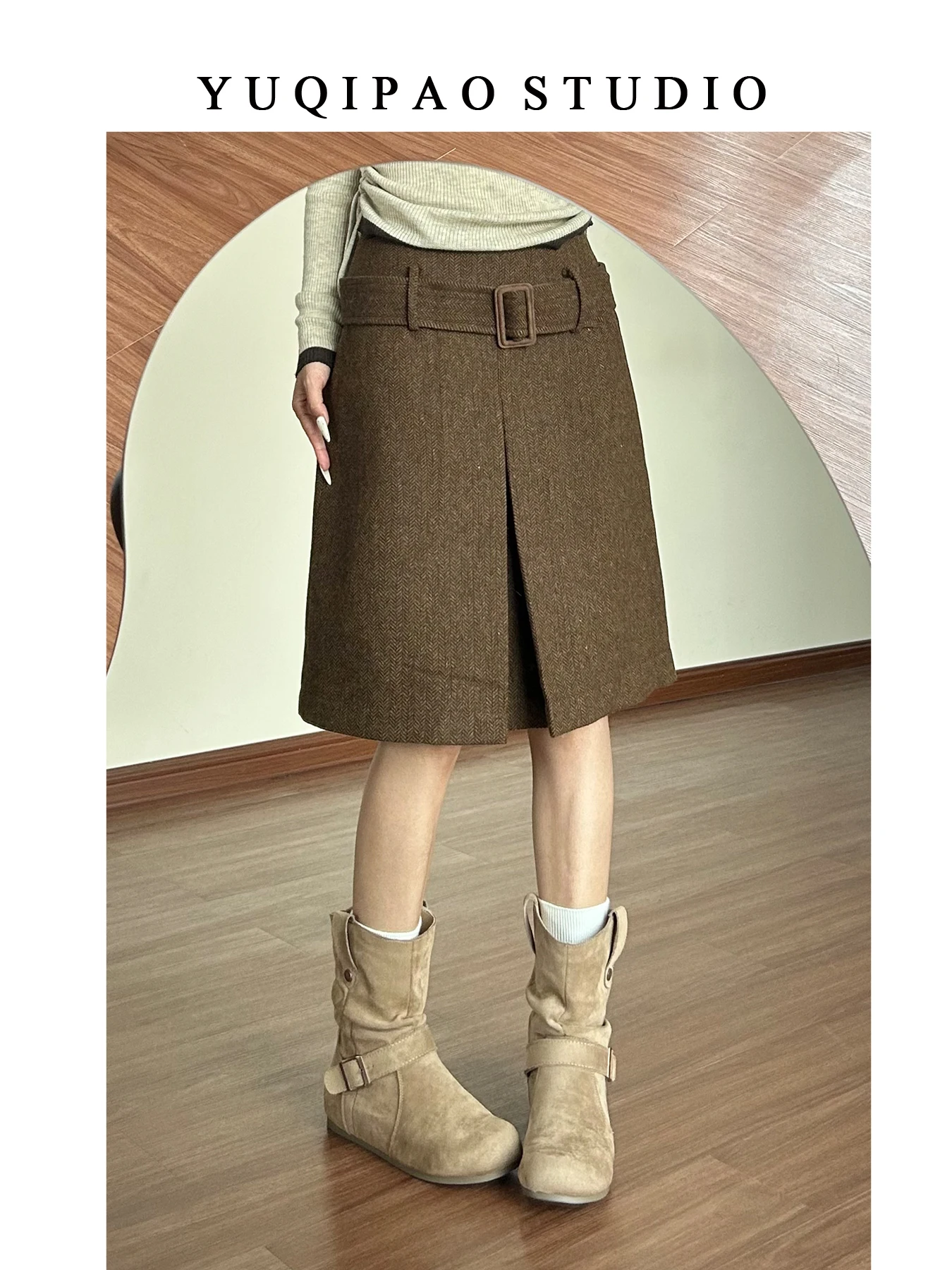 

Женская шерстяная юбка цвета хаки больших размеров с высокой талией, трапециевидной формы, повседневная юбка длиной пять четвертей с разрезом на осень и зиму