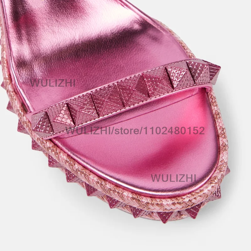 Patent Leather Rose Red Platform Wedge Heels Women Open Rivet Beaded Sandal Bright Shiny Purple Heels Slingback Girls Party Shoe