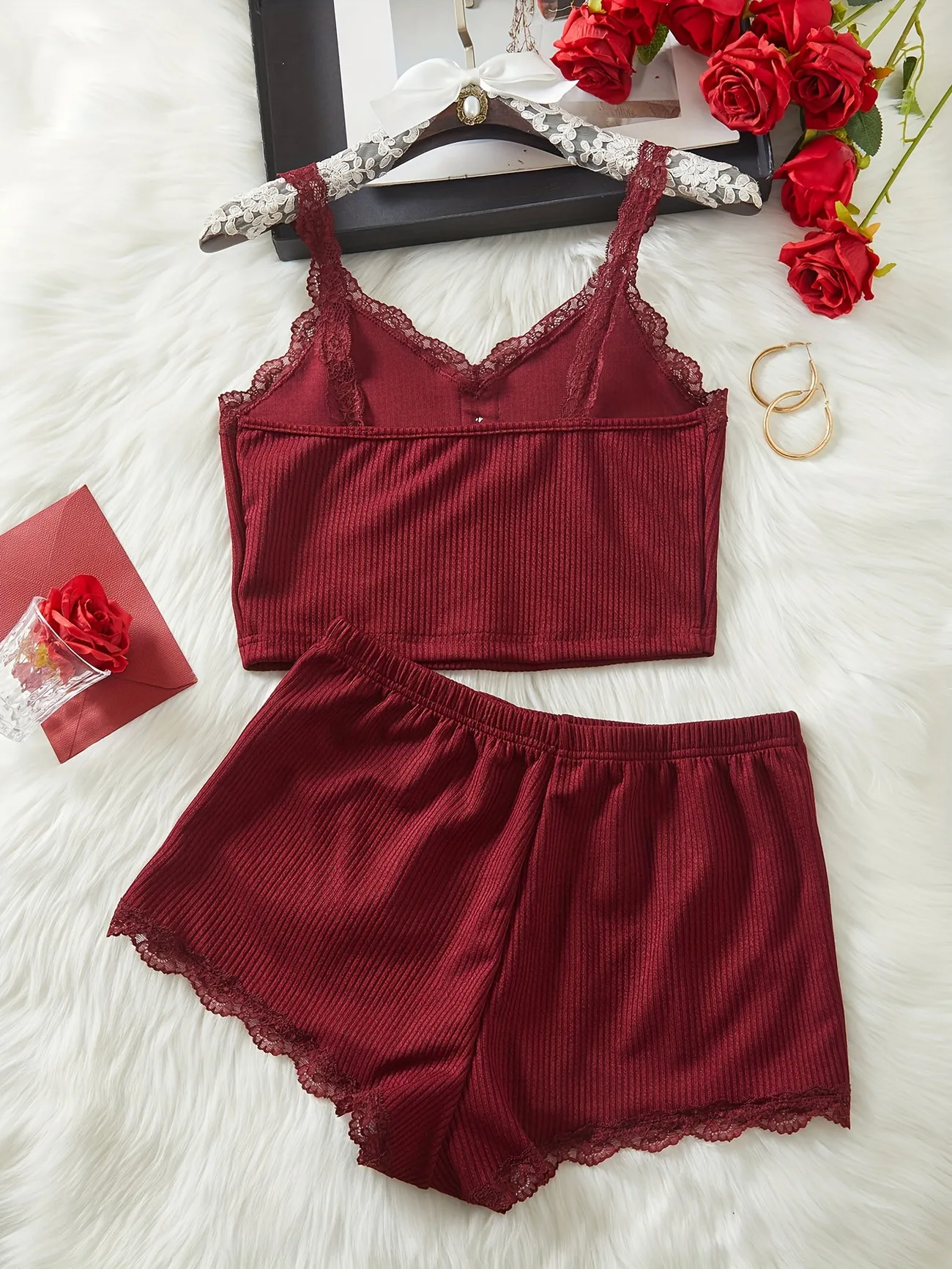 Women Ribbed Pajama Set Lace Trim Cami Top and Shorts 2PCS Solid Color Summer Sleepwear Soft Lounge Nightwear
