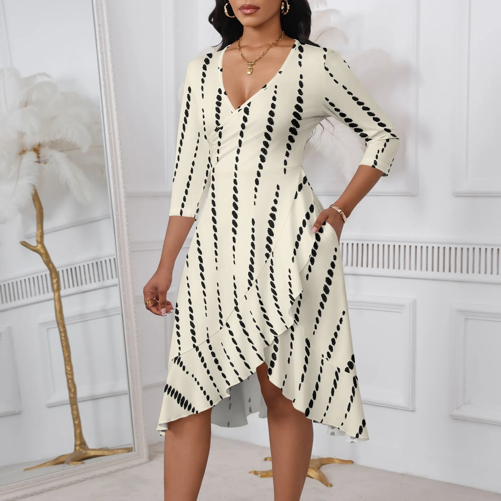 Midi Dresses for Women 3/4 Sleeve V Neck High Waist Casual Flared Wrap Belt Trendy with Pockets A-Line Cocktail Party Dress