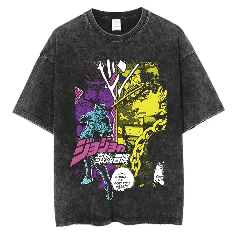 Anime JoJo Bizarre Adventure Washed TShirt Men Summer Hip Hop Vintage Streetwear T-shirt Print Cotton Casual Short Sleeve Tshirt