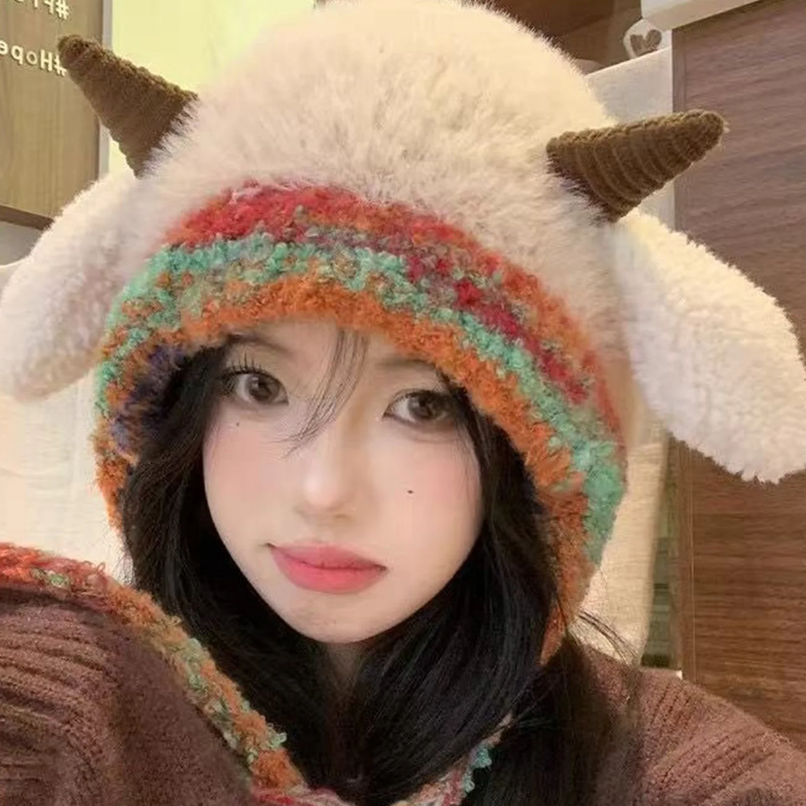 

Cartoon Warm Hat For Women Winter Outdoor Windproof Plush Hat Cycling Riding Hiking Cold Proof Trendy Lamb Shaped Headwears