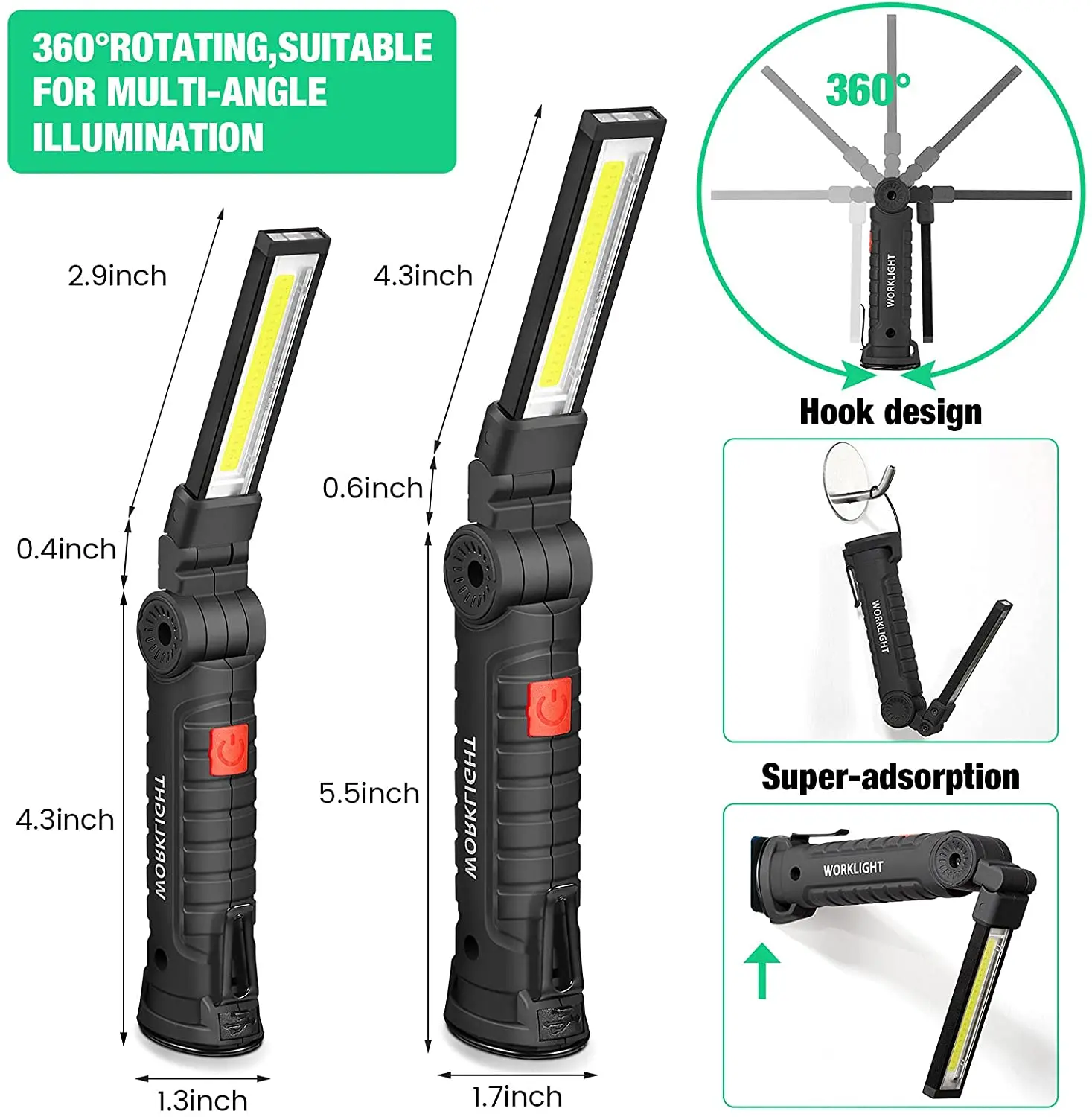 Portable LED Work Light Magnetic Flashlight Auto Repair Light Outdoor Emergency Light USB Rechargeable Torch Camping Light