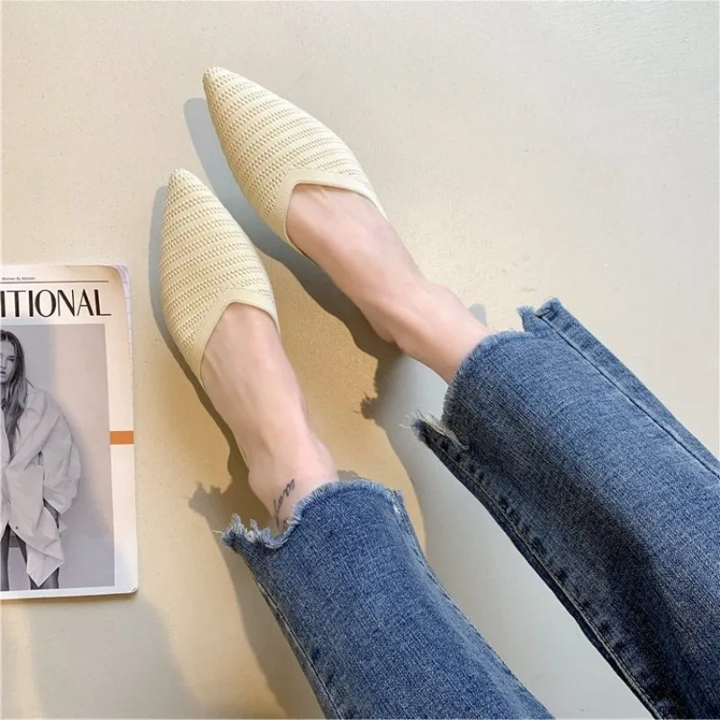 Modische Damen Atmungsaktive Gestrickte Spitze Flache Mules Slip-On Rückenfreie Pantoletten Lässige Alltags-Sandalen