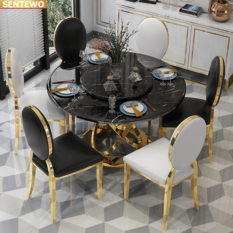 Designer Luxury round dinning Marble Rock Slab dining table set 8 chairs mesa de jantar comedor tavolo Stainless steel gold base