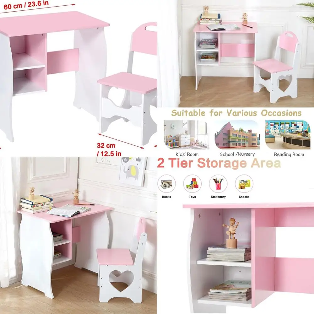 

Розово-белый деревянный детский учебный стол с местом для хранения и набором стульев для домашнего обучения