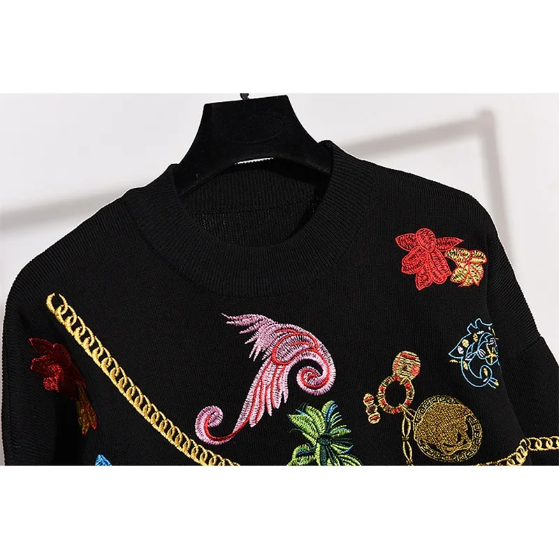 

Autumn Fashion Black Embroidery Knitted Two Piece Outfits Women Loose Casual Tracksuit Pullover Sweaters Pencil Pants Set Female