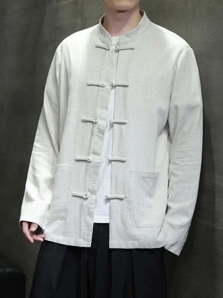 

Новая мужская льняная рубашка в китайском стиле с длинным рукавом, на пуговицах, из хлопка и льна, летняя, молодежная, модная, свободного кроя, не требующая глажки