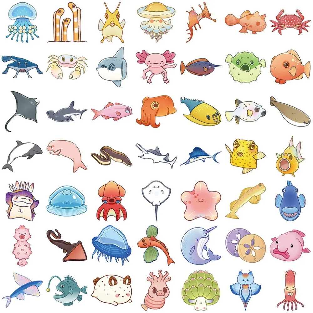 50PCS Transparent INS Marine Animal Sticker Pack - Waterproof PET for Scrapbooking, Guitar & Notebook Decor AnimeWorlds Store