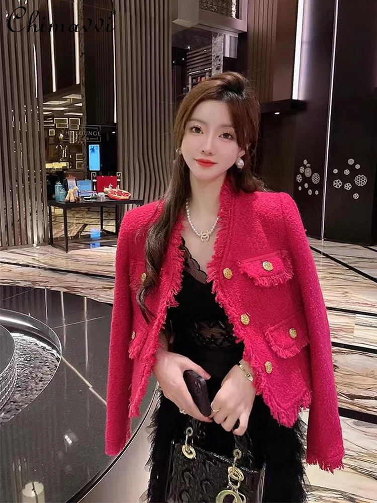 

Women's 2023 Autumn Winter New Fashion Rose Red Cardigan Coat Single-Breasted Long Sleeve Woven Tweed Jackets Office Lady Coat