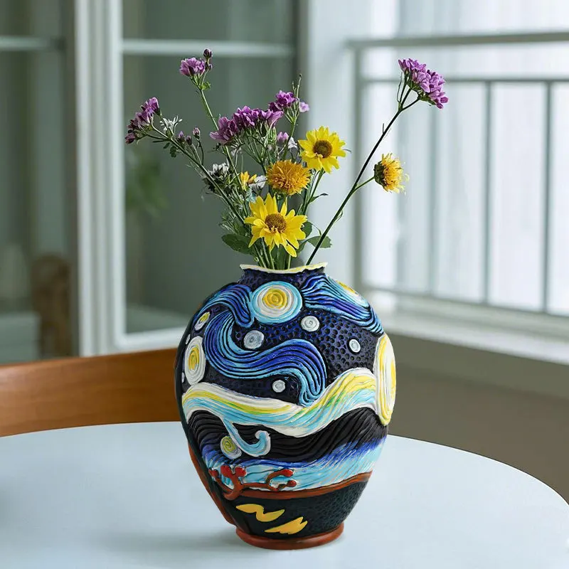 Van Gogh Inspired Starry Night Resin Vase Artistic Ceramic & Porcelain for Tabletop Flower Arrangement & Home Decor
