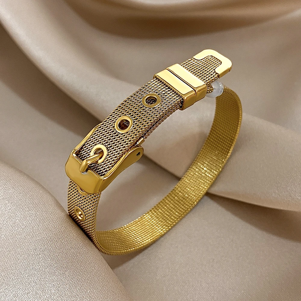 AENSOA Classic Belt Shape Stainless Steel Bracelets for Women Men Statement Gold Plated Metal Bangle Unisex Wristband Jewelry