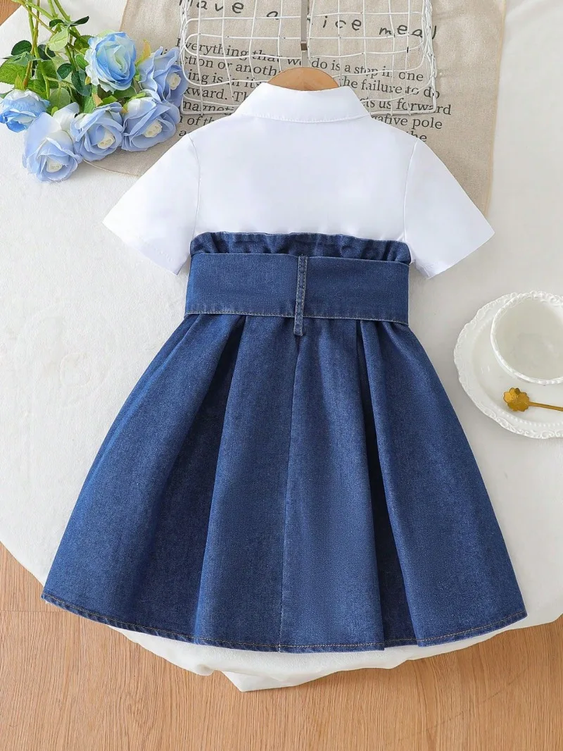 2026 New Style European and American Style Girls' Fashionable Dress, Denim Splicing Solid Color Dress