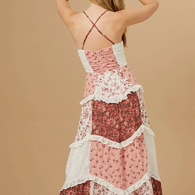 Casual ผู้หญิง Boho ปิดไหล่ชุดยาวเซ็กซี่พิมพ์ลายดอกไม้ Beach Sundress Elegant Holiday แขนกุด Patchwork Maxi Dresses