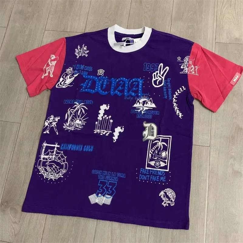 Purple Red Splicing DUAA Mens T-Shirt Rhinestone Letter Print Oversized Pure Cotton Summer Tees
