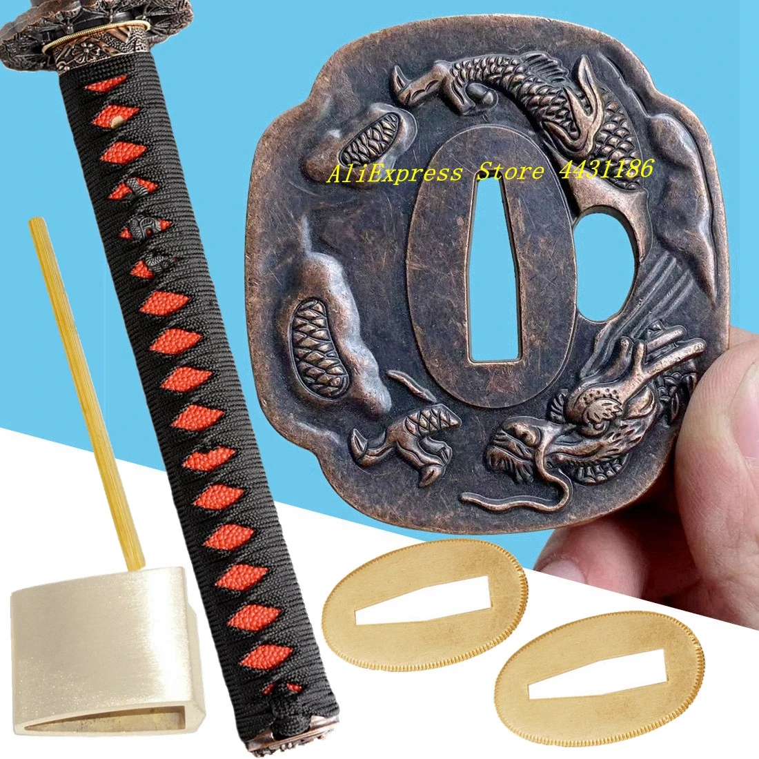 A Set Dragon Tsuba Guard Menuki Fuchi Kashira Habaki Seppa Handle Apply Japanese Sword Samurai Katana Wakizashi Metal Fittings