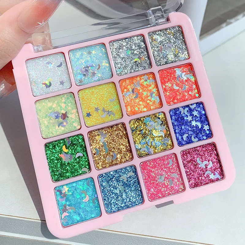 16 Colors Glitter Eyeshadow Palette Moon Star Sequins Shimmer Eye Makeup Cosmetic Long‑Lasting Sparkling Eye Shadow for Party Fe