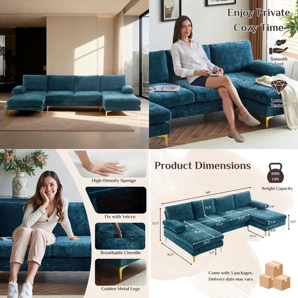 

U-образный секционный диван 110 с 4 сиденьями и оттоманкой, обивка из шенилла, цвет павлиний синий, для гостиной