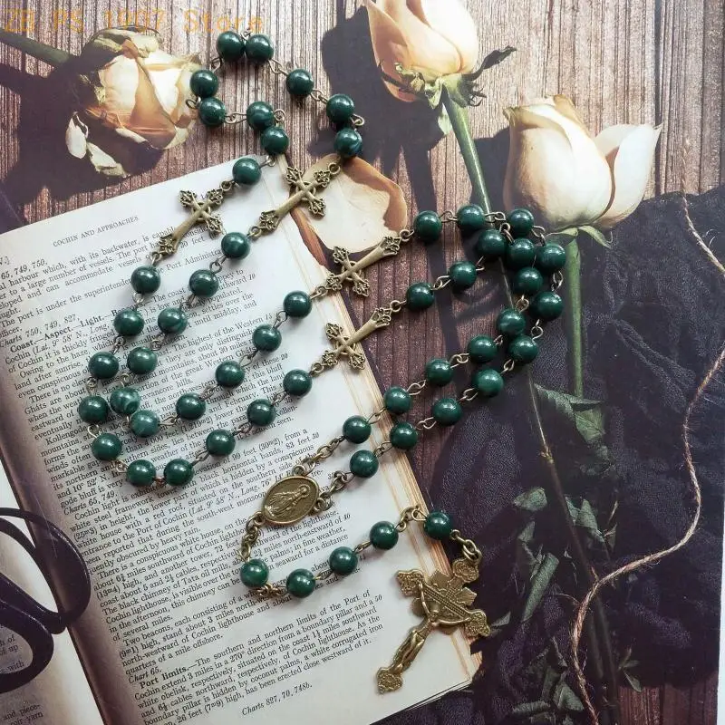 Rosary Beads Necklace Imitation Pearl Crucifix for Cross Pendant Necklace Catholic Jewelry First Holy Communion Gift 55KA