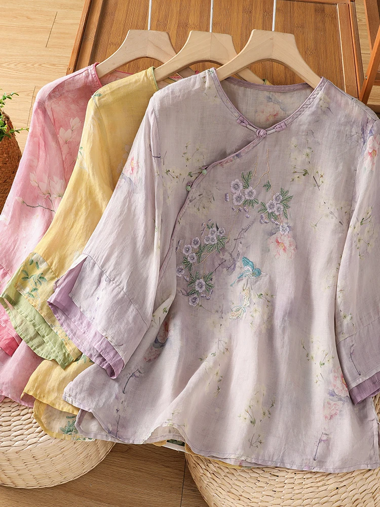 

New Chinese Style Embroidered Top Women's Loose round Neck Slanting Button Shirt Summer Versatile Long Sleeve round Neck Blouse