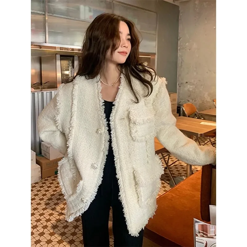 Simple Spring And Autumn New Loose Fashion Korean Tweed V-Neck Long Sleeve Tassel Loose Temperament Small Fragrance Coat Woman