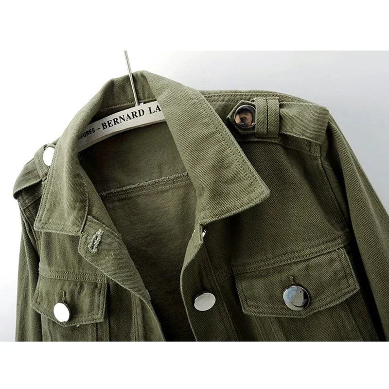 Spring Vintage Army Green Black Khaki Denim Jacket Women Hem Belt Big Pocket Cowboy Outerwear Loose Short Jeans Jackets Female