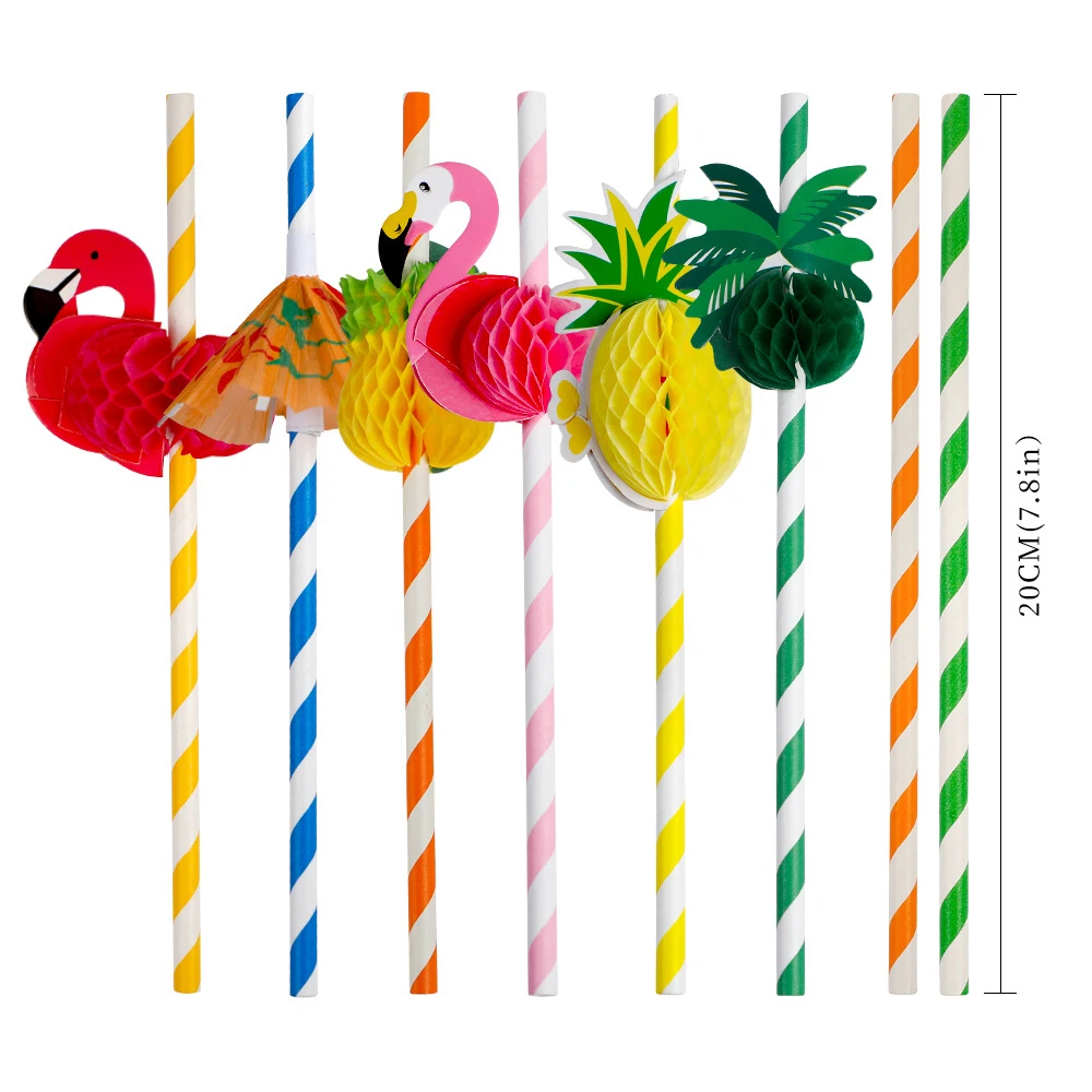 20pcs Flamingo Pineapple Drinking Disposable Paper Straws Hawaiian Beach Tropical Umbrellas Birthday Party Summer Pool Party