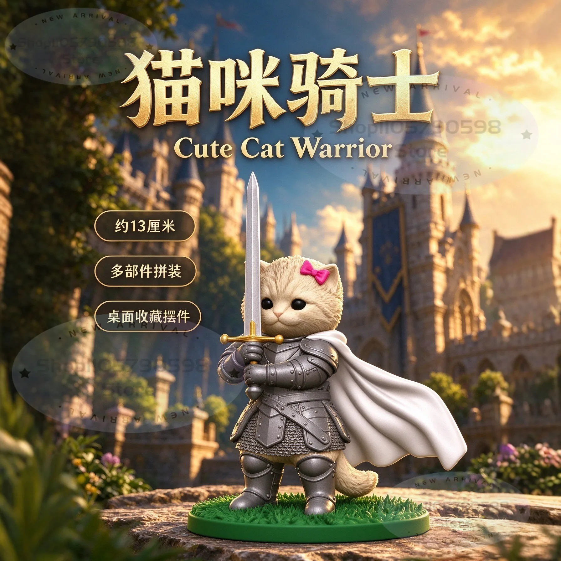 HOT 3D Printed Cute Armored Cat Knight Figurine Kitten Warrior Statue With Sword Pink Bow Cloak Fantasy Desktop Ornament Gift