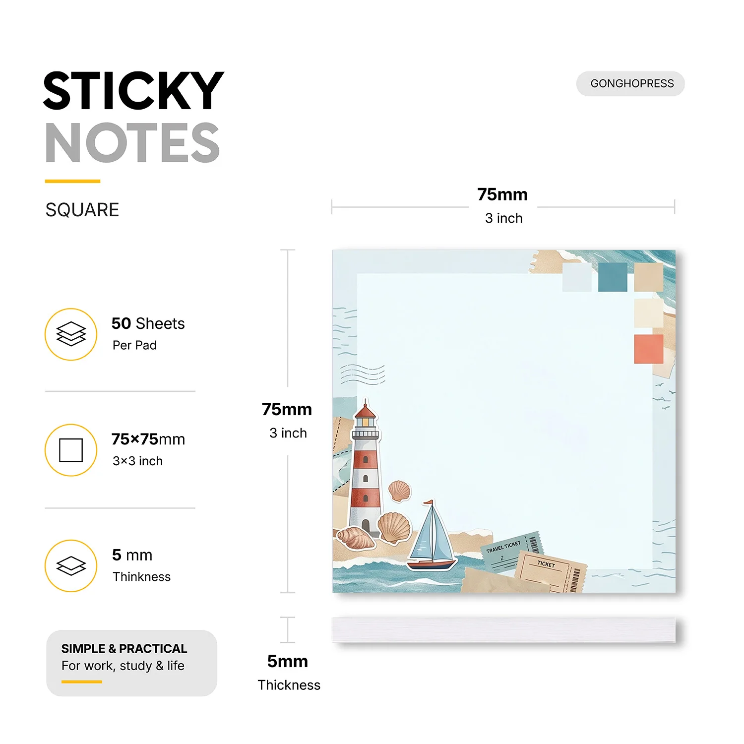 2pcs Travel Beach Sticky Notes, Lighthouse Sailboat & Ocean Memo Pads, 100 Sheets Total, Removable Self-Adhesive Notes for Plan