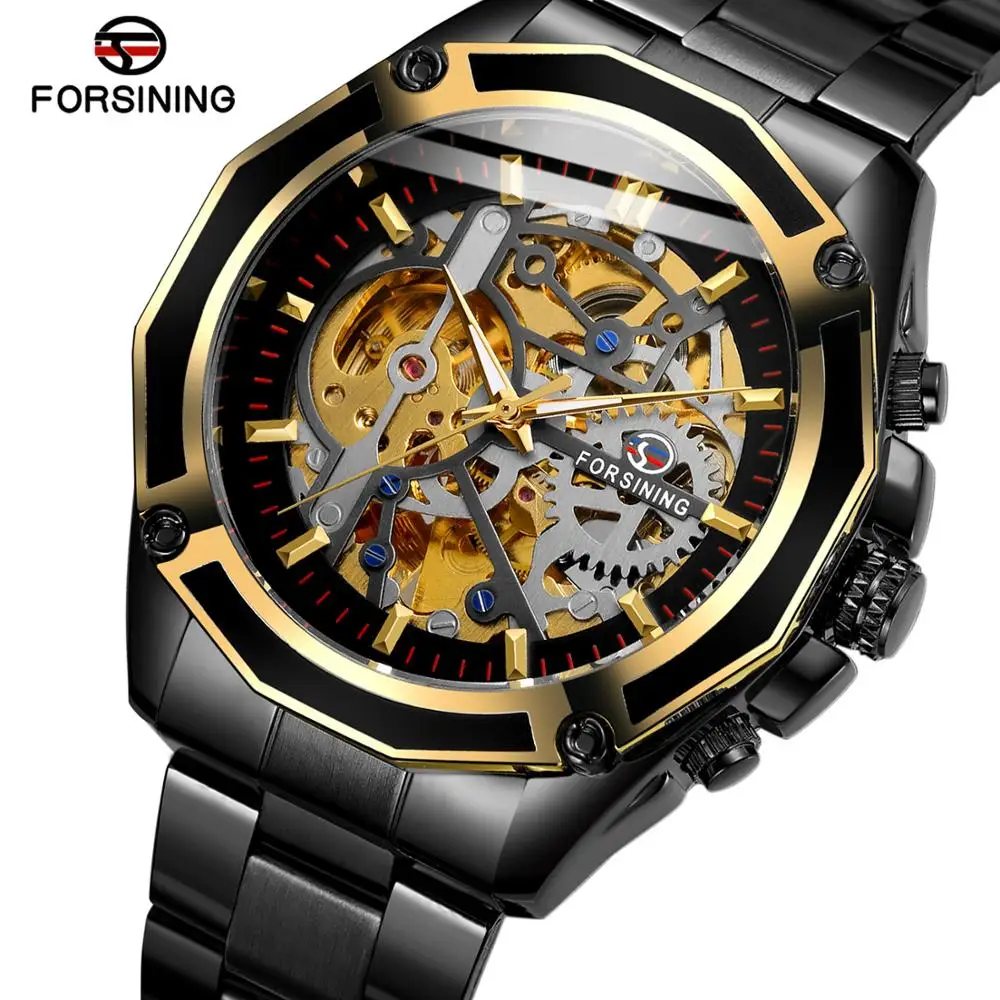 

FORSINING Brand Black Case Fashion Stylish Skeleton Automatic Movement Self Wind Montre Homme Men's Watches Jam Tangan