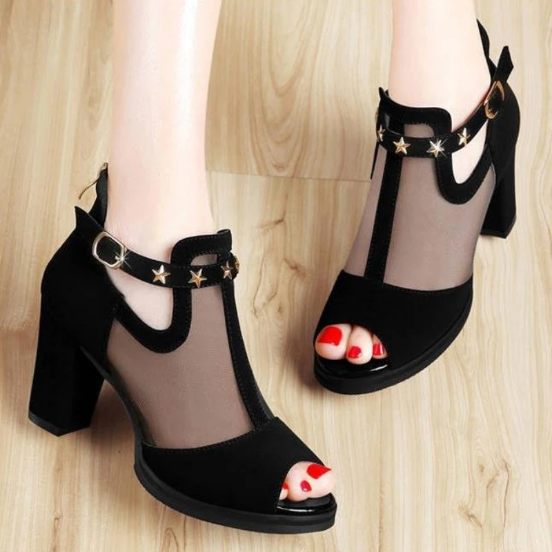 Mesh Peep Toe Block High Heels Women Sandals Cutout Ankle Strap Star Buckle Platform Dress Office Party Shoes Plus Size 41 Black view 3