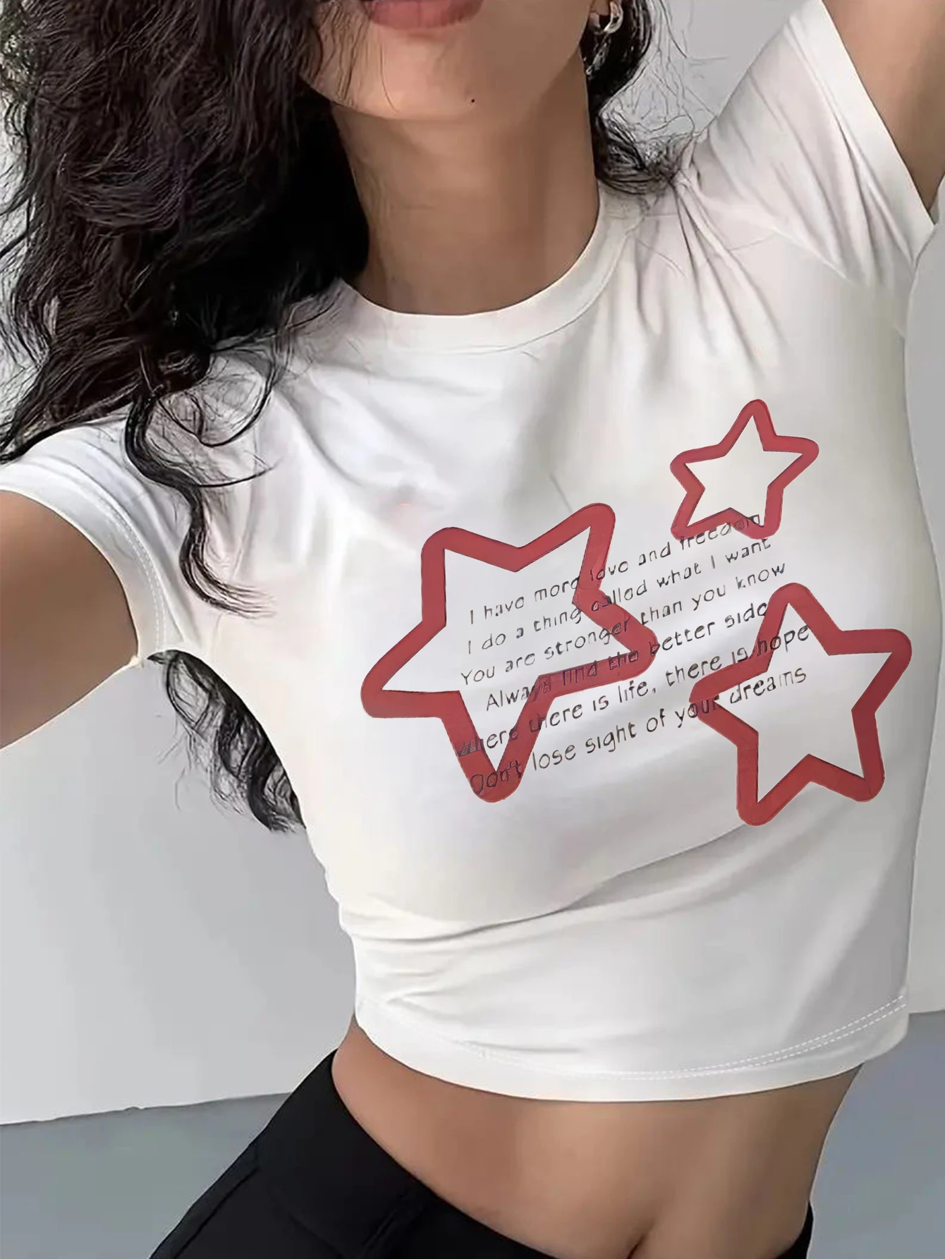 y2k star slogan printed summer short-sleeved women's shoulder slimming midriff-baring short T-shirt top