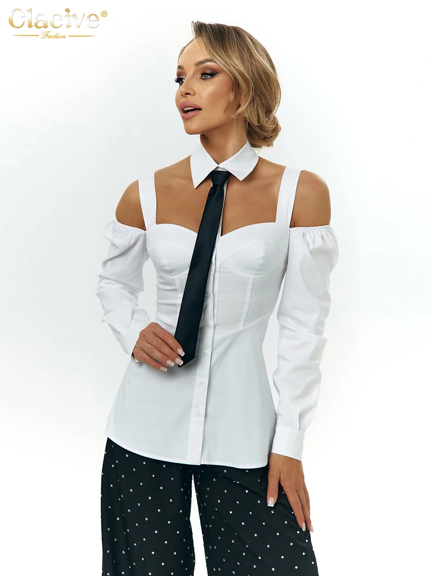 Clacive Sexy Slim White Women Shirts 2023 Fashion Lapel Long Sleeve Shirts And Blouses Elegant Chic Blusas Top Female Clothing