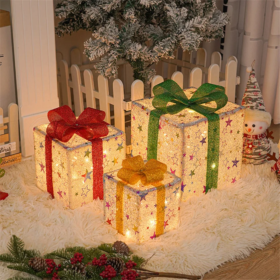 2024 New Christmas Gift Box Lamp 3pcs/Set Holiday Fairy Lights for Birthday Party Christmas Tree Decoration Props and Ornaments