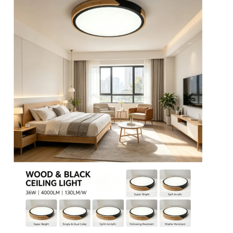 Round Wooden Ceiling Light With Black Trim And Frosted Diffuser For Living Room Bedroom Use